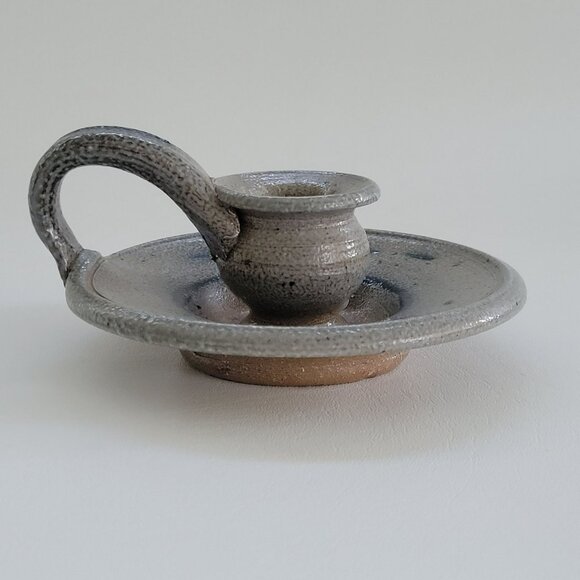 Vintage Rowe Pottery Candlestick Holder, Gray & Blue Salt Glazed Folk Art c.1982 - Picture 2 of 10